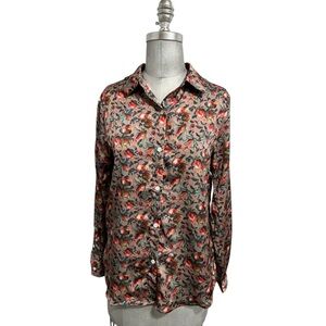 Elie Tahari Long Sleeve Floral Pomegranate Button Down Blouse Elegant Size M